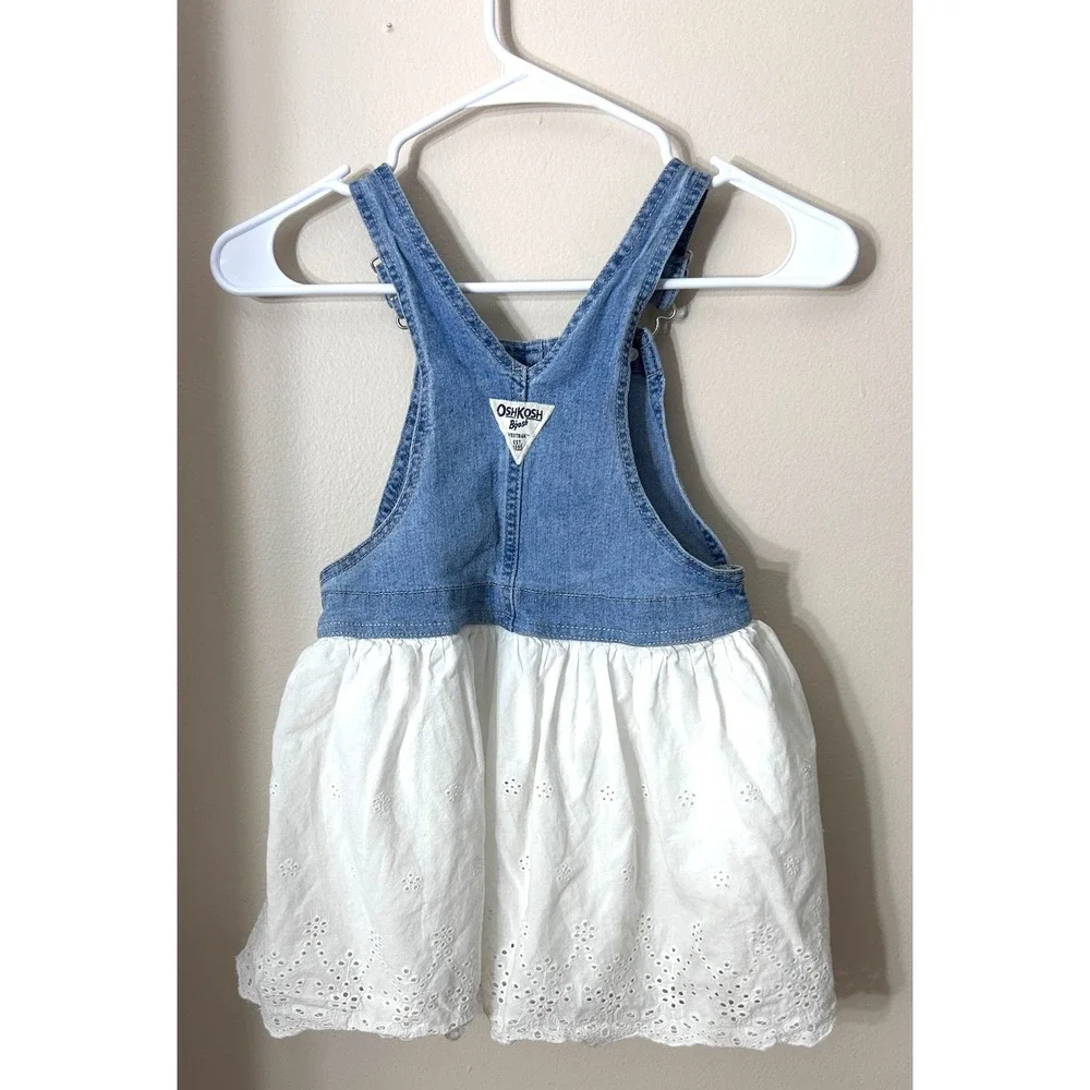 OshKosh B'gosh Overall Dress Denim Eyelet 5T Blue White Cottagecore